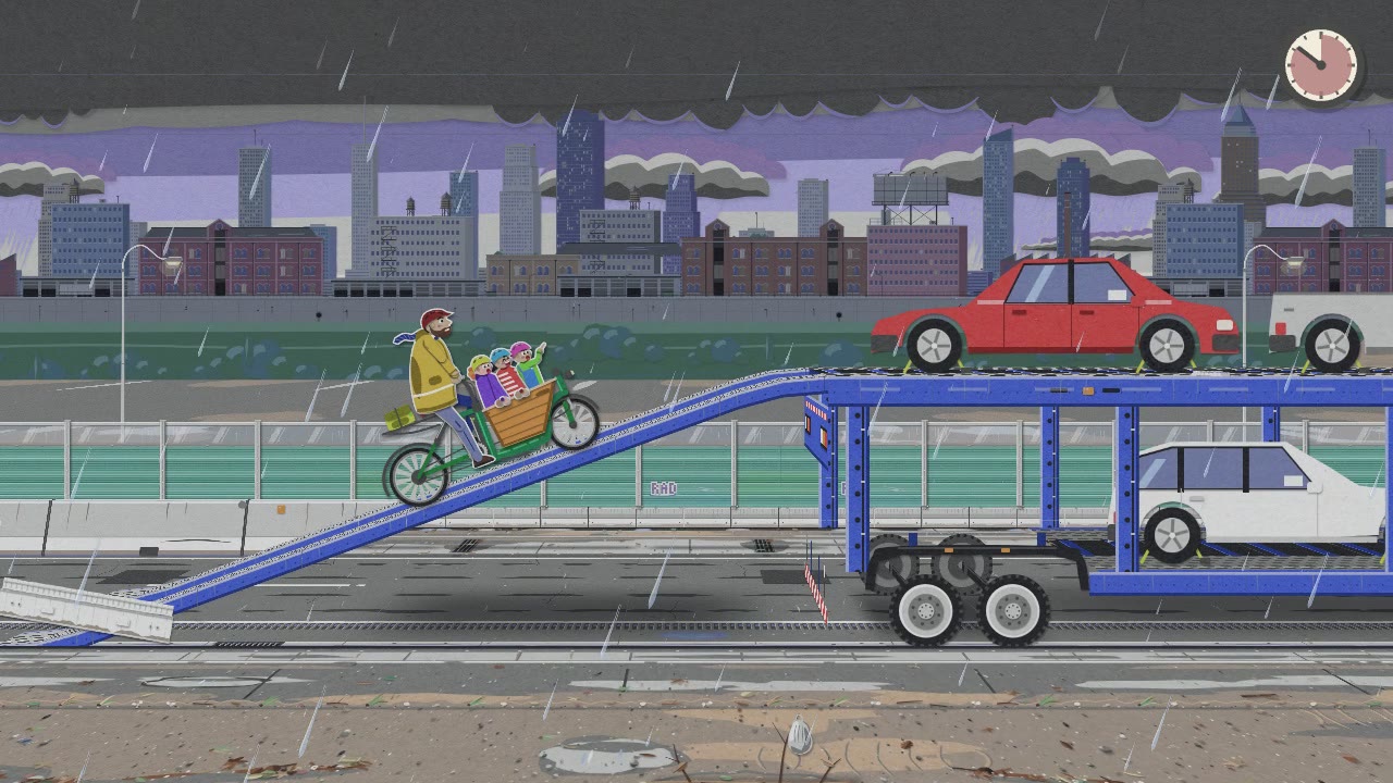Dad riding the cargo bike up the ramp of a car carrier on a rainy freeway, a red car and a white car on the deck above