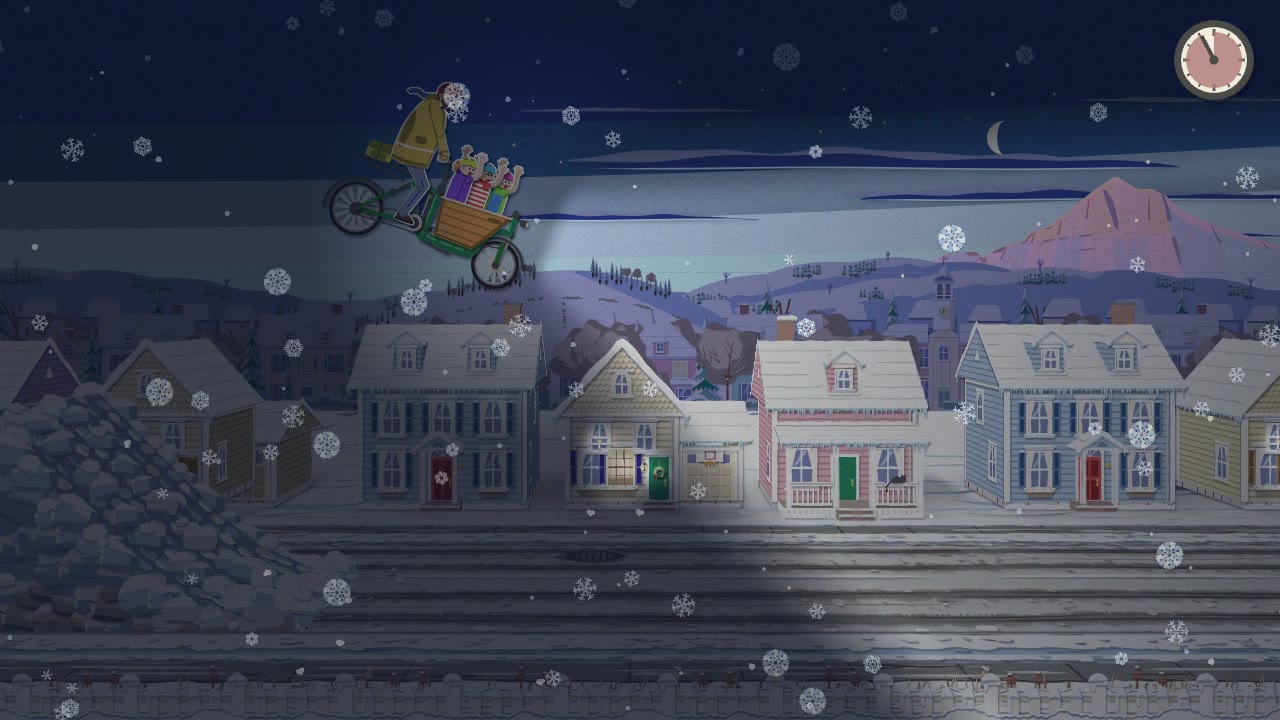 Dad on the cargo bike leaping a snowbank at night, a pink-lit snow-capped mountain behind the rooftops