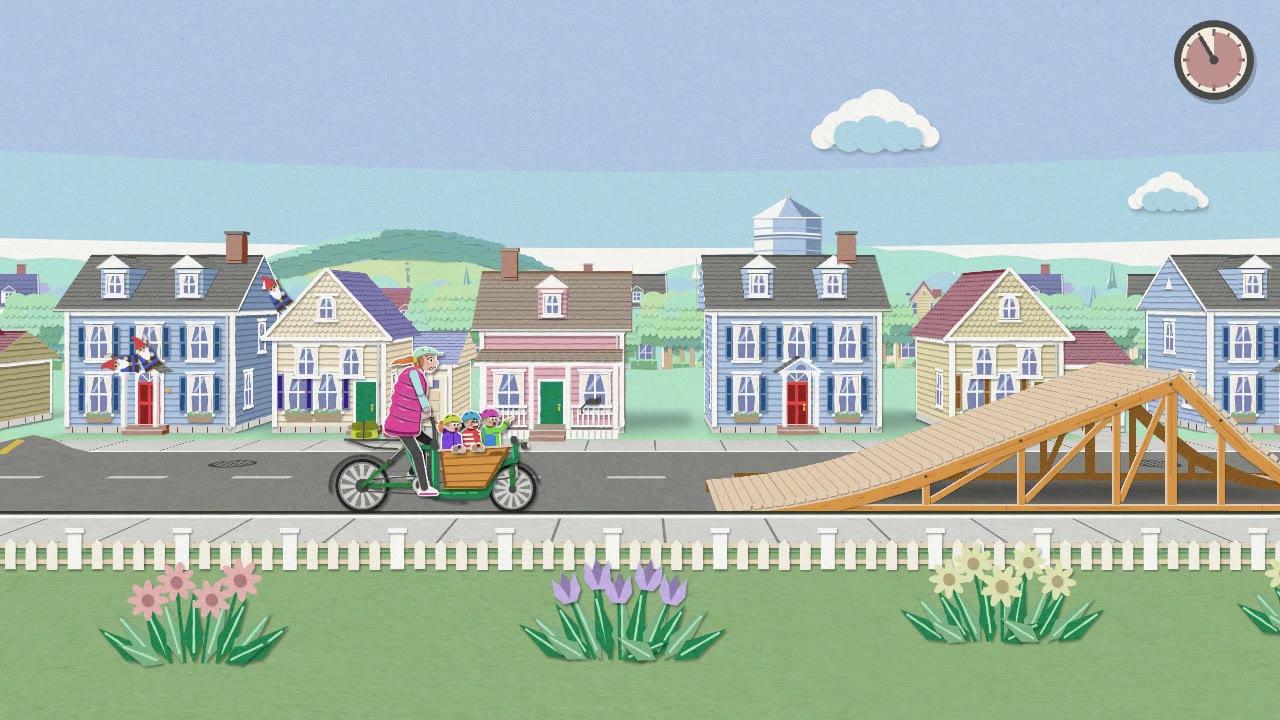 Mom riding the cargo bike down a neighborhood street, three kids waving from the box, a wooden ramp up ahead