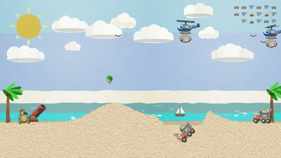 A turtle with a trash cannon on the beach, facing garbage trucks and trash-dropping helicopters