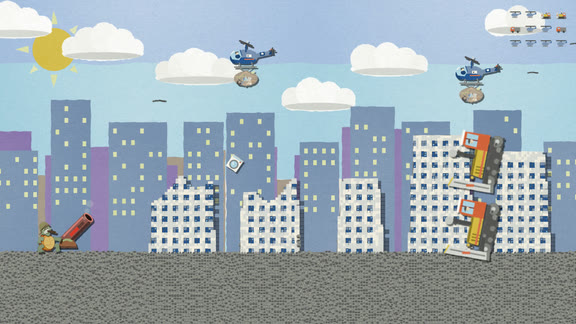 Downtown, launching a washing machine at helicopters and bulldozers over half-wrecked apartment blocks