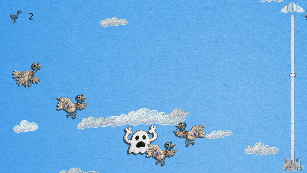 The ghost drifting up through a flock of ducks, high above the city.